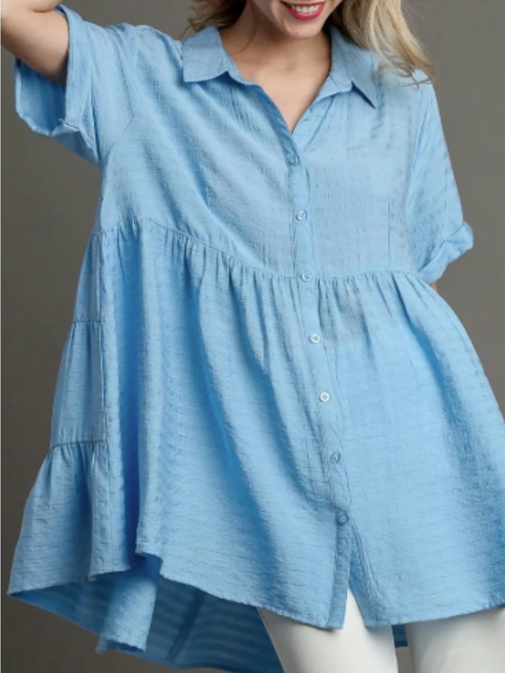 Umgee Light Blue Button-Front Tiered Casual Dress